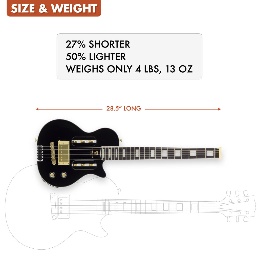 The Traveler Guitar® EG-1 Custom Electric guitar is 27% shorter and 50% lighter than a standard electric guitar.
