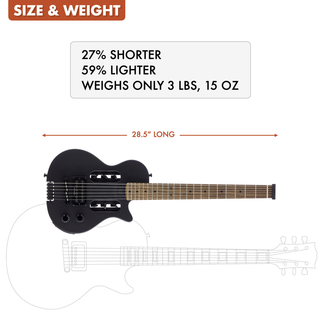 The Traveler Guitar® EG-1 Standard is 27% shorter and 59% lighter than a standard electric guitar. It weighs under 4 pounds.