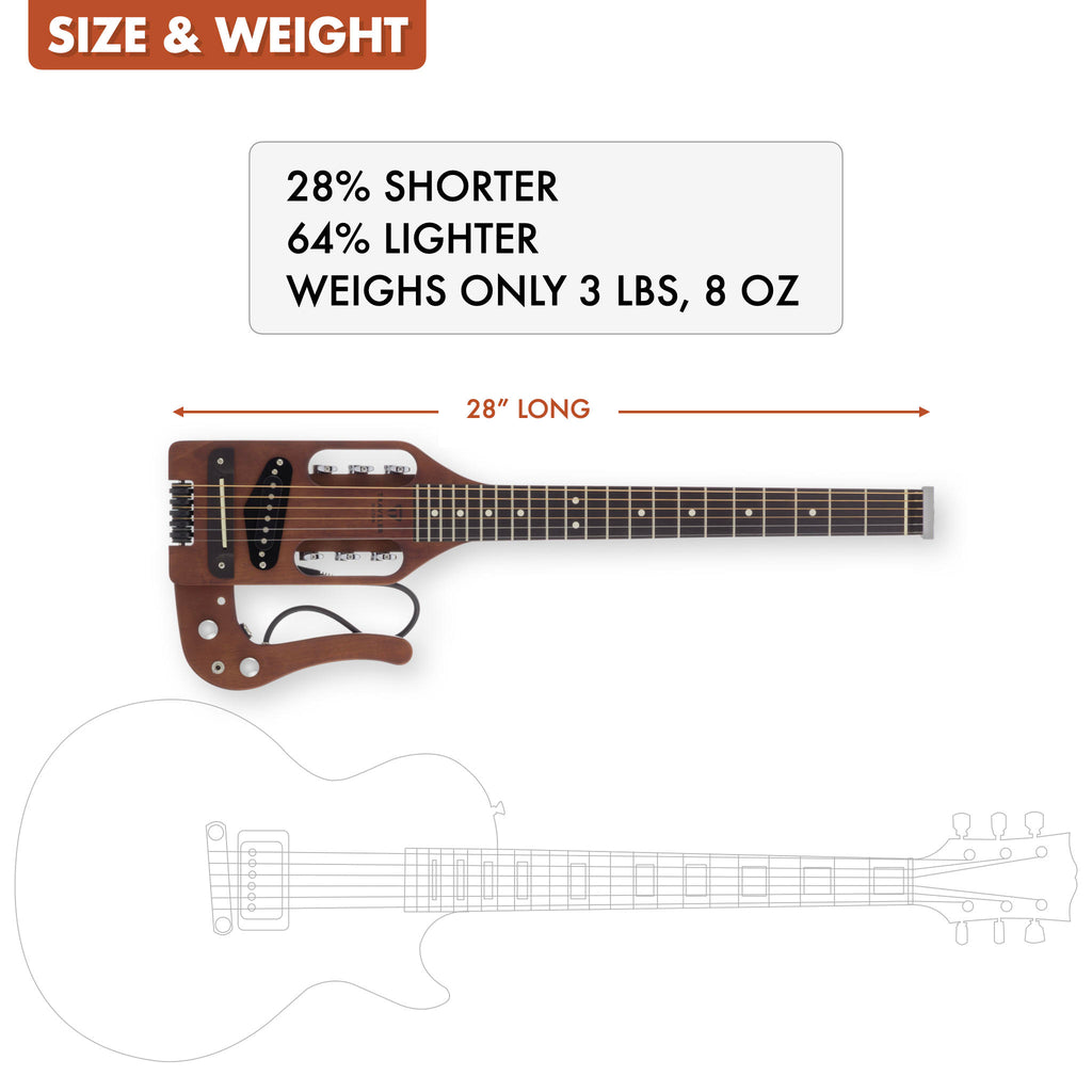 The Traveler Guitar® Pro-Series Hybrid guitar is 28% shorter and 64% lighter than a standard electric guitar.