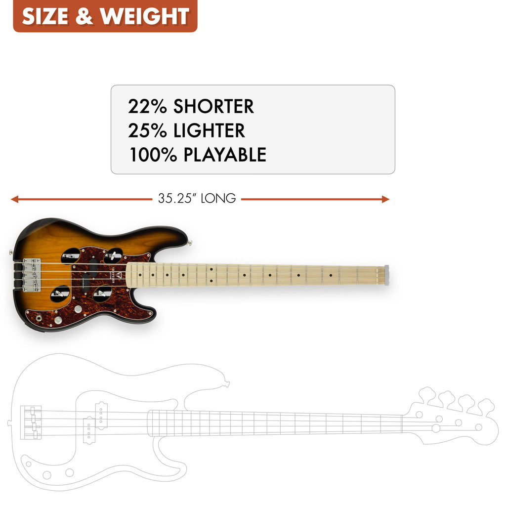 The Traveler Guitar® TB-4P Bass guitar is 22% shorter and 25% lighter than a standard bass guitar.