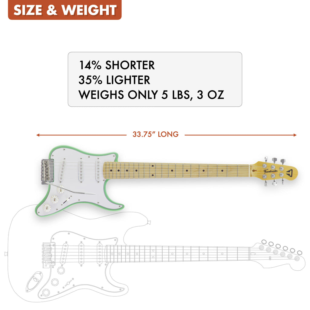 The Traveler Guitar® Travelcaster Deluxe  is 14% shorter and 35% lighter than a standard electric guitar.