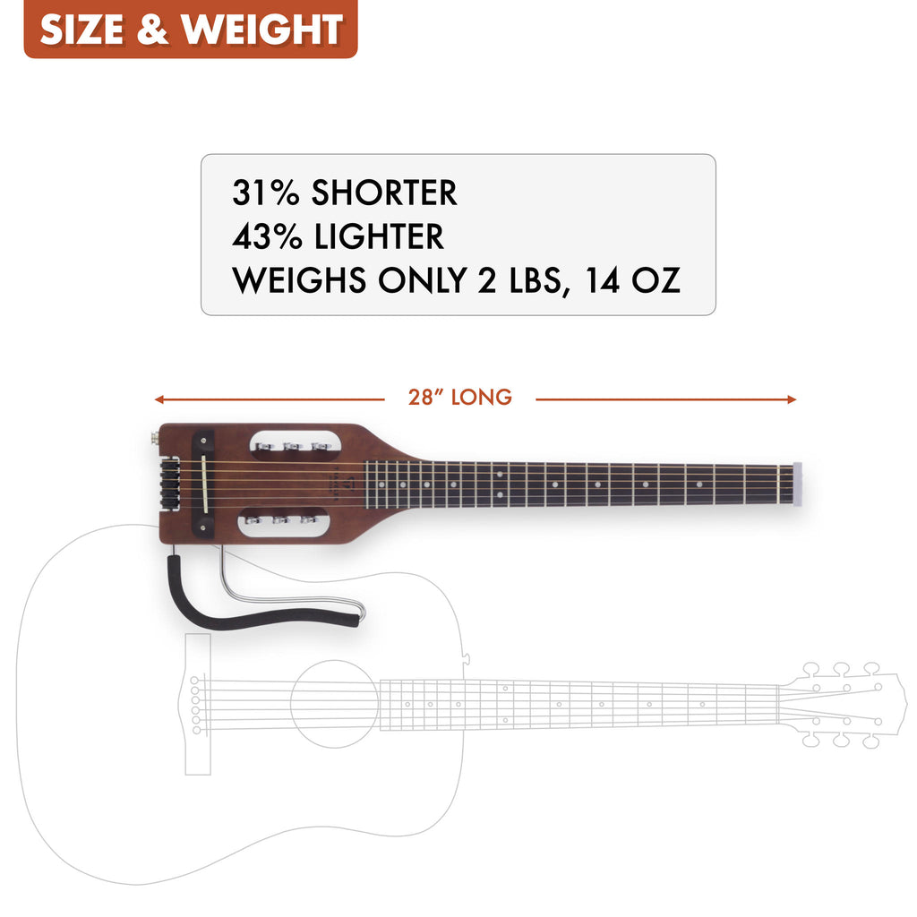 The Traveler Guitar® Ultra-Light Acoustic is 31% shorter and 43% lighter than a standard acoustic guitar.