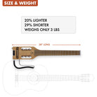 The Traveler Guitar® Ultra-Light Nylon is 20% shorter and 29% lighter than a standard nylon-string classical guitar.
