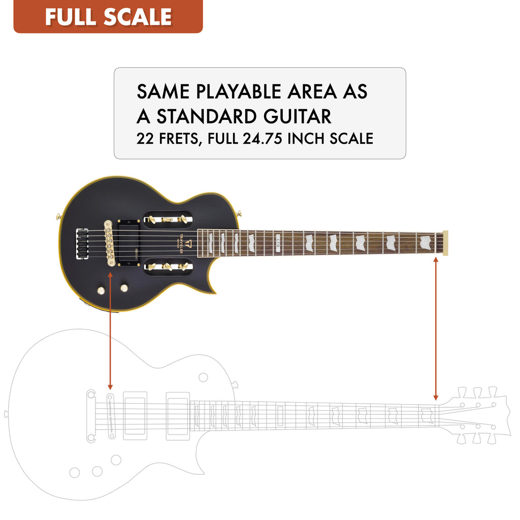 The Traveler Guitar® EC-1 Electric guitar is full-scale, meaning it has the same playable area as a standard guitar. 24.75" scale length neck.