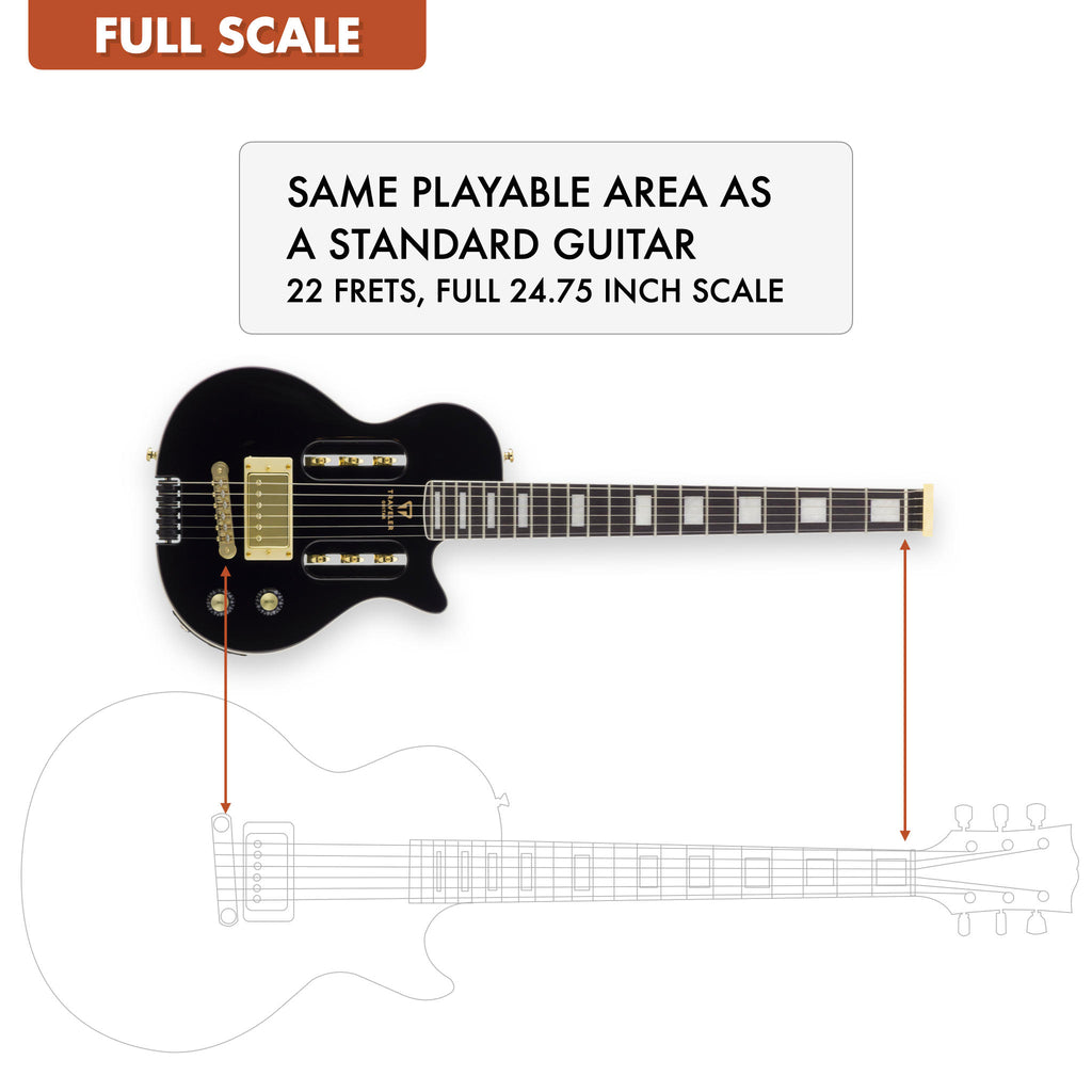 The Traveler Guitar® EG-1 Custom Electric guitar is full-scale, meaning it has the same playable area as a standard guitar. 24.75" scale length neck.