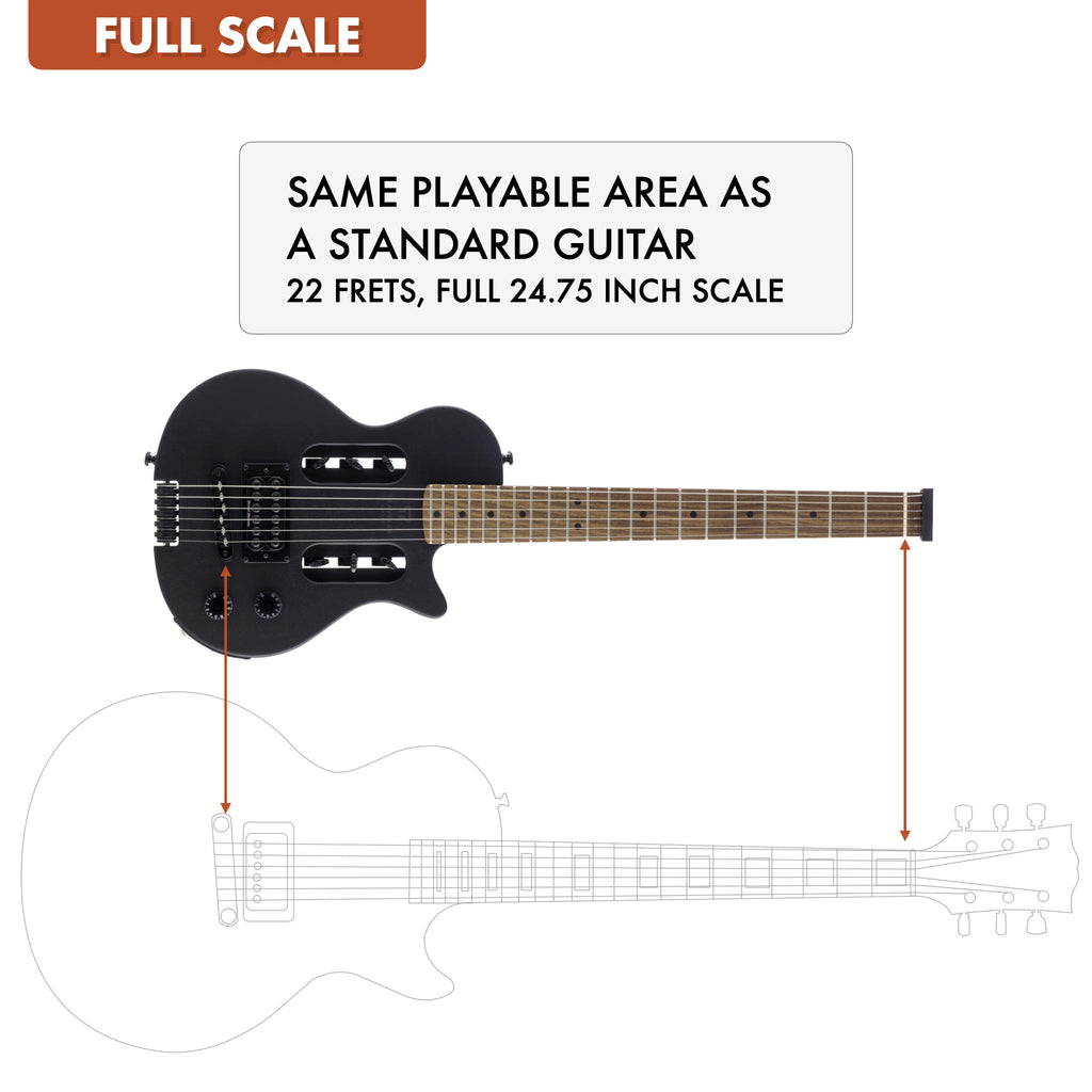 The Traveler Guitar® EG-1 Standard Electric guitar is full-scale, meaning it has the same playable area as a standard guitar. 24.75" scale length neck.