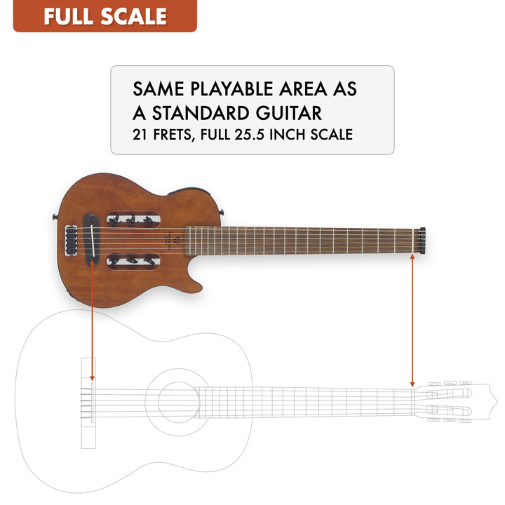 The Traveler Guitar® Escape Mark III Nylon guitar is full-scale, meaning it has the same playable area as a standard guitar. 25.5" scale length neck.
