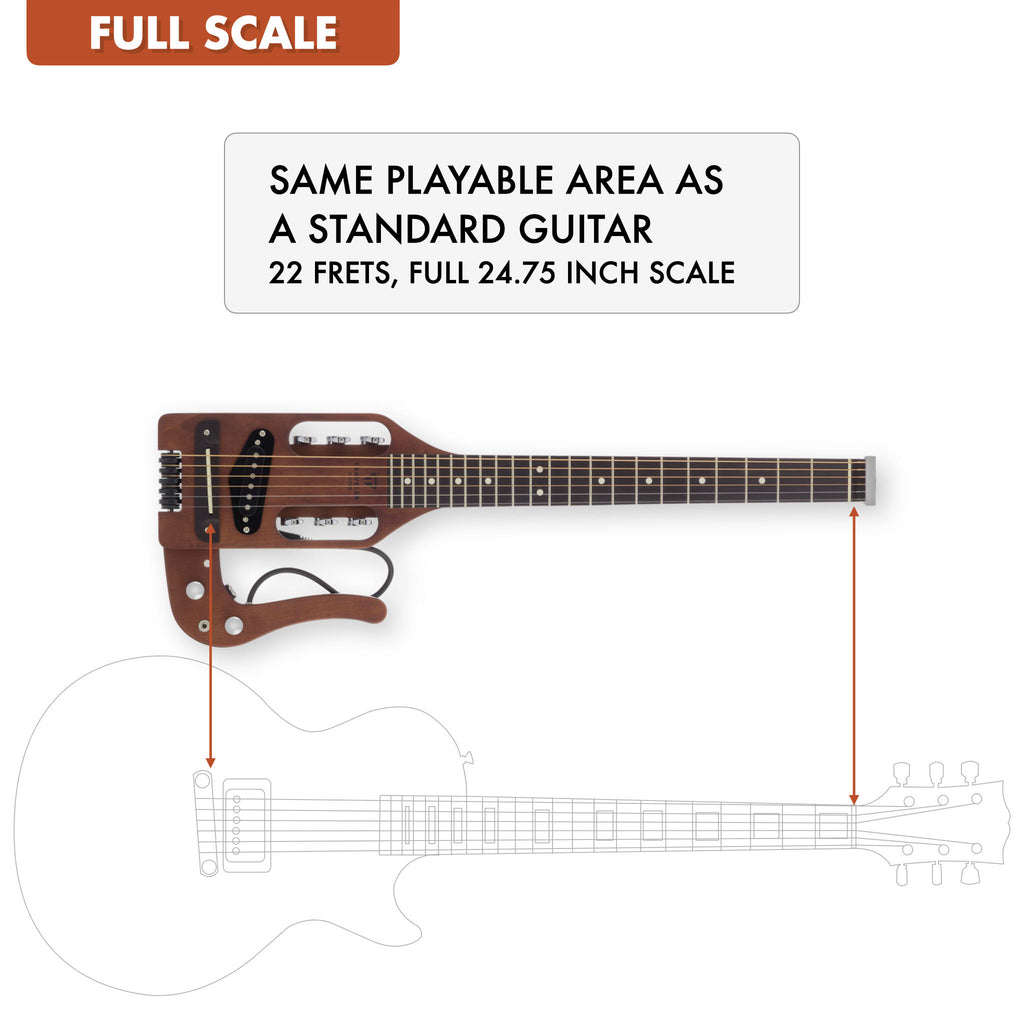 The Traveler Guitar® Pro-Series Hybrid guitar is full-scale, meaning it has the same playable area as a standard guitar. 24.75" scale length neck.