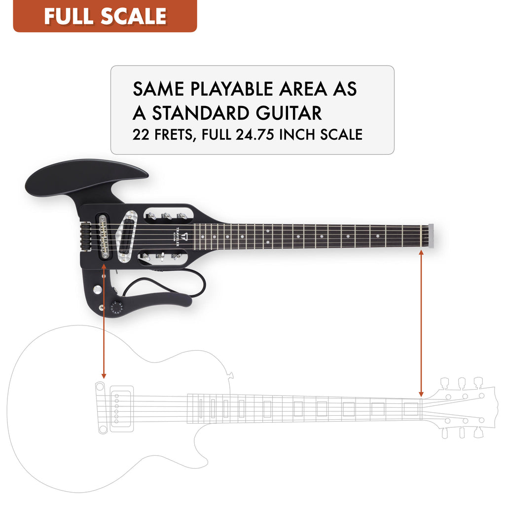 The Traveler Guitar® Pro-Series Mod-X Hybrid guitar is full-scale, meaning it has the same playable area as a standard guitar. 24.75" scale length neck.