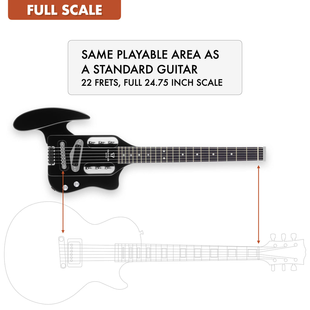 The Traveler Guitar® Speedster Electric Guitar is full-scale, meaning it has the same playable area as a standard guitar. 24.75" scale length neck.