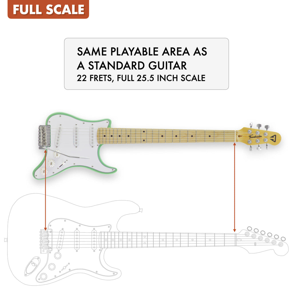 The Traveler Guitar® Travelcaster Deluxe is full-scale, meaning it has the same playable area as a standard guitar. 25.5" scale length neck.