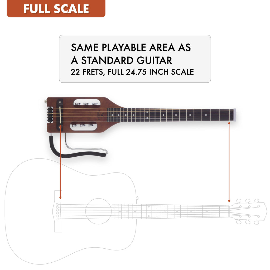 The Traveler Guitar® Ultra-Light Acoustic is full-scale, meaning it has the same playable area as a standard guitar. 24.75" scale length neck.