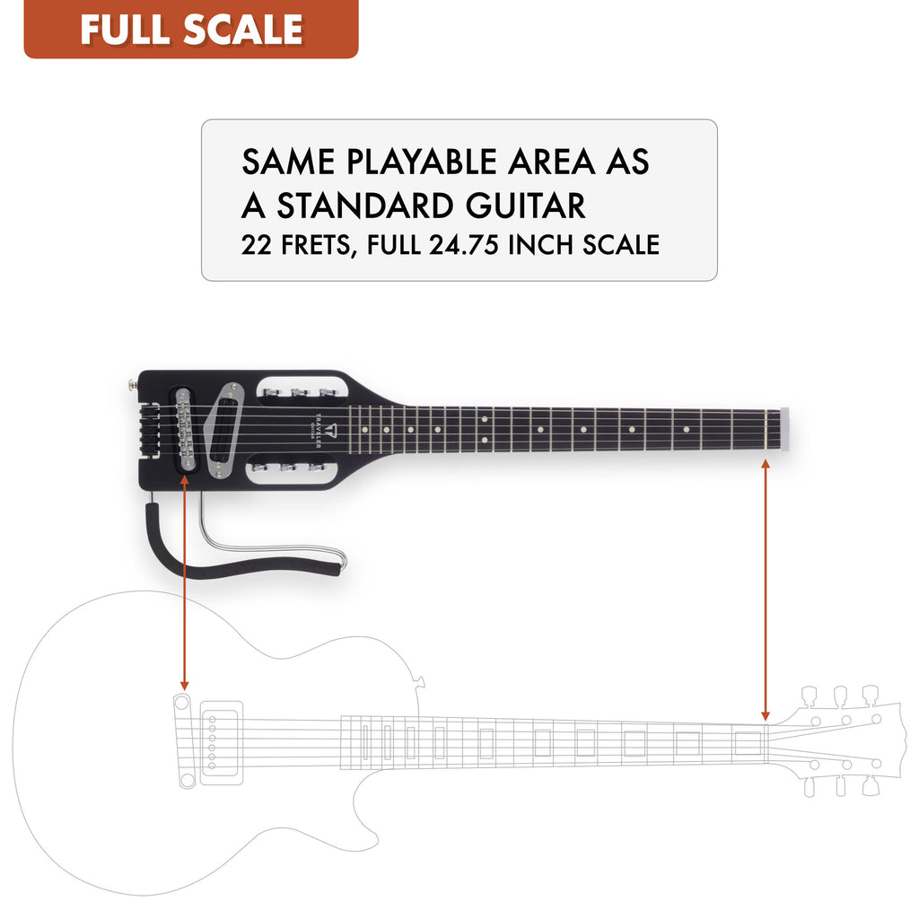 The Traveler Guitar® Ultra-Light Electric is full-scale, meaning it has the same playable area as a standard guitar. 24.75" scale length neck.