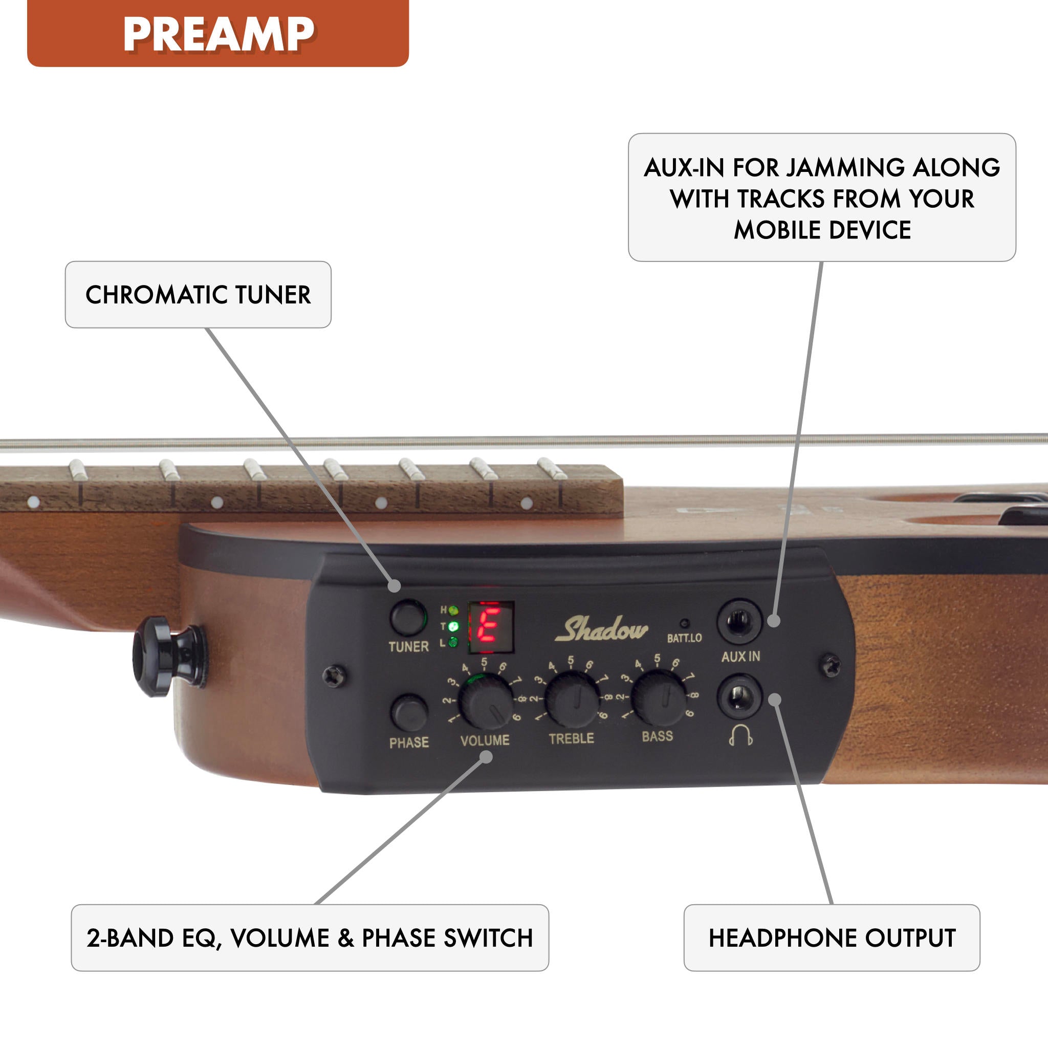 The Traveler Guitar® Escape Mark III Nylon guitar has built-in electronics with an active preamp which features a chromatic tuner, 2-band EQ and headphone output. Also features a standard 1/4" output.