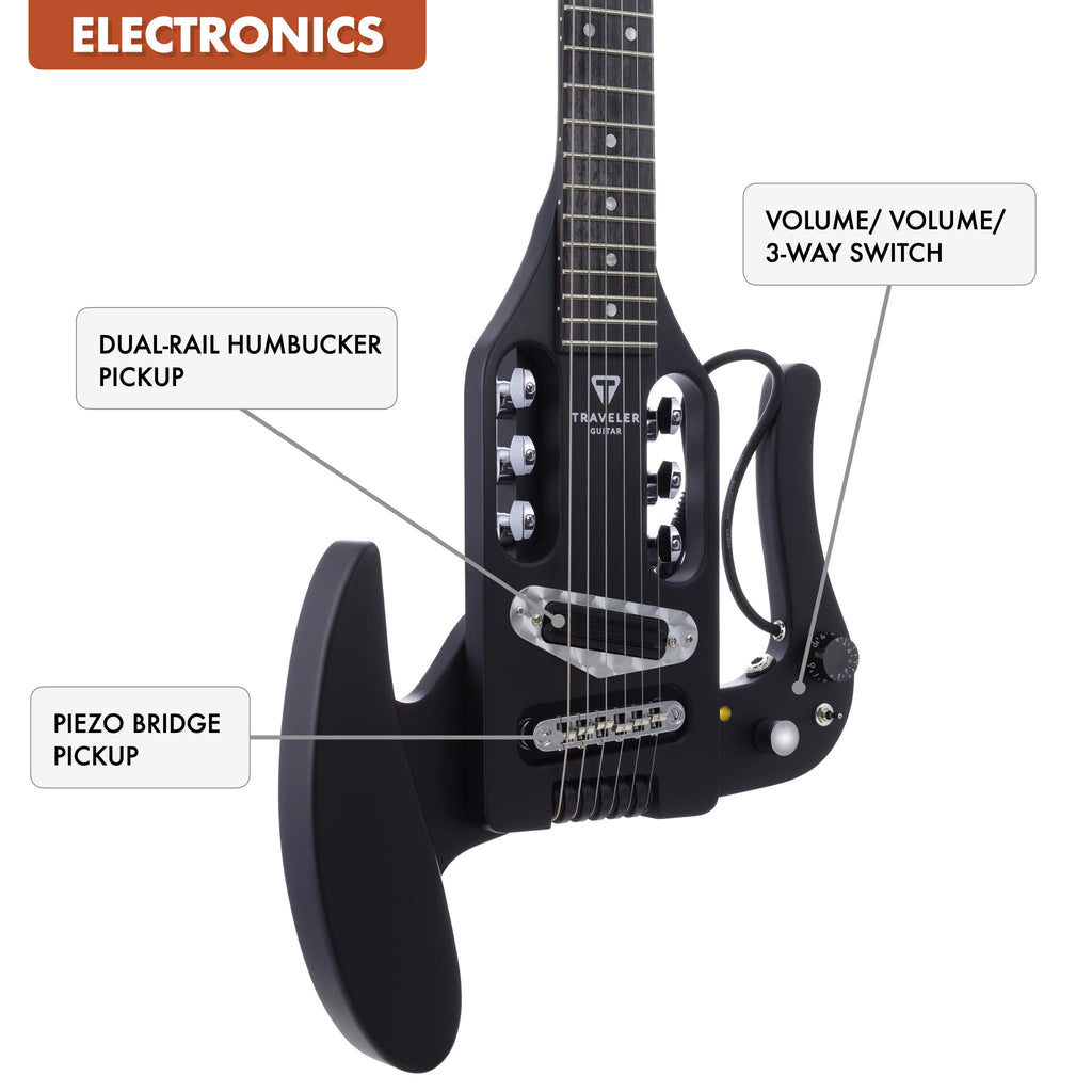 The Traveler Guitar® Pro-Series Mod-X Hybrid Guitar has built-in electronics with a piezo tune-o-matic style piezo bridge, a dual rail humbucker electric pickup and a standard 1/4" output.