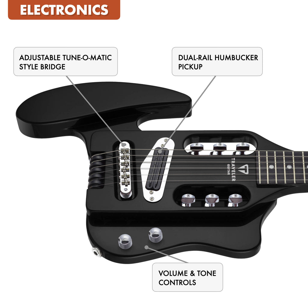 The Traveler Guitar® Speedster Electric Guitar has built-in electronics with dual-rail humbucker, volume and tone controls, and a standard 1/4" output.