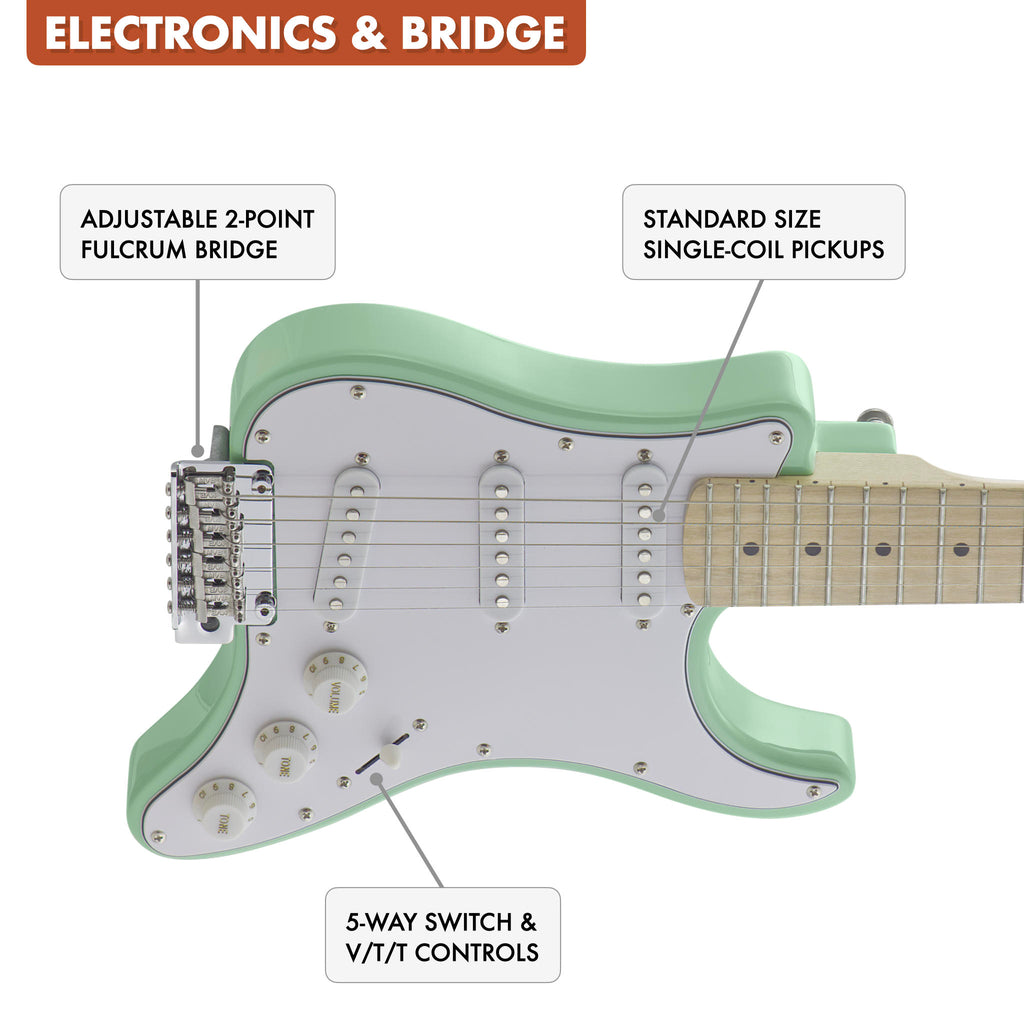 The Traveler Guitar Travelcaster Deluxe features standard S-S-S pickup configurations with a 5-way pickup selector. It also features an adjustable 2-point fulcrum tremolo.