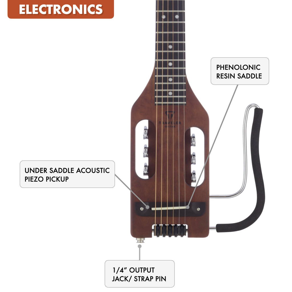 The Traveler Guitar® Ultra-Light Acoustic Guitar has built-in electronics with a piezo bridge under the saddle and a standard 1/4" output.