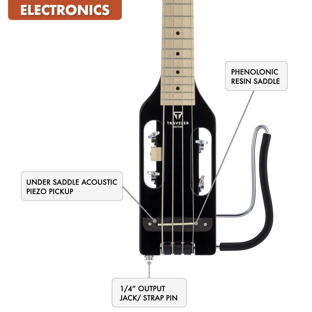 The Traveler Guitar® Ultra-Light Bass Guitar has built-in electronics with a piezo bridge under the saddle and a standard 1/4" output.