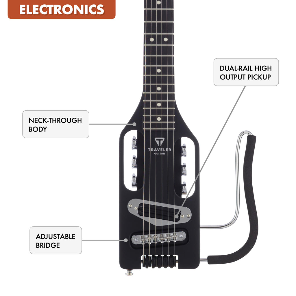 The Traveler Guitar® Ultra-Light Electric Guitar has built-in electronics with a dual-rail humbucker and a standard 1/4" output.