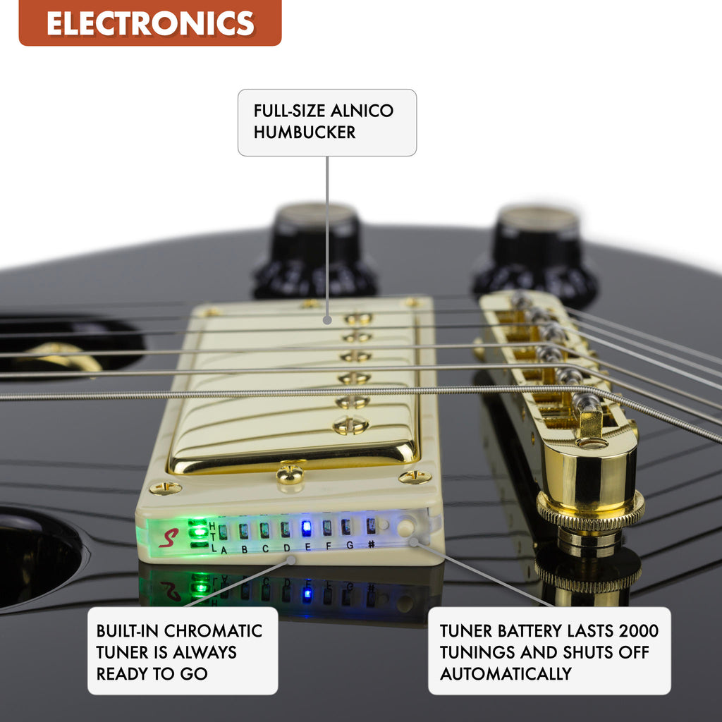 The Traveler Guitar® EG-1 Custom Electric Guitar has a built-in chromatic tuner pickup ring always ready to tuner discreetly without any additional hardware.