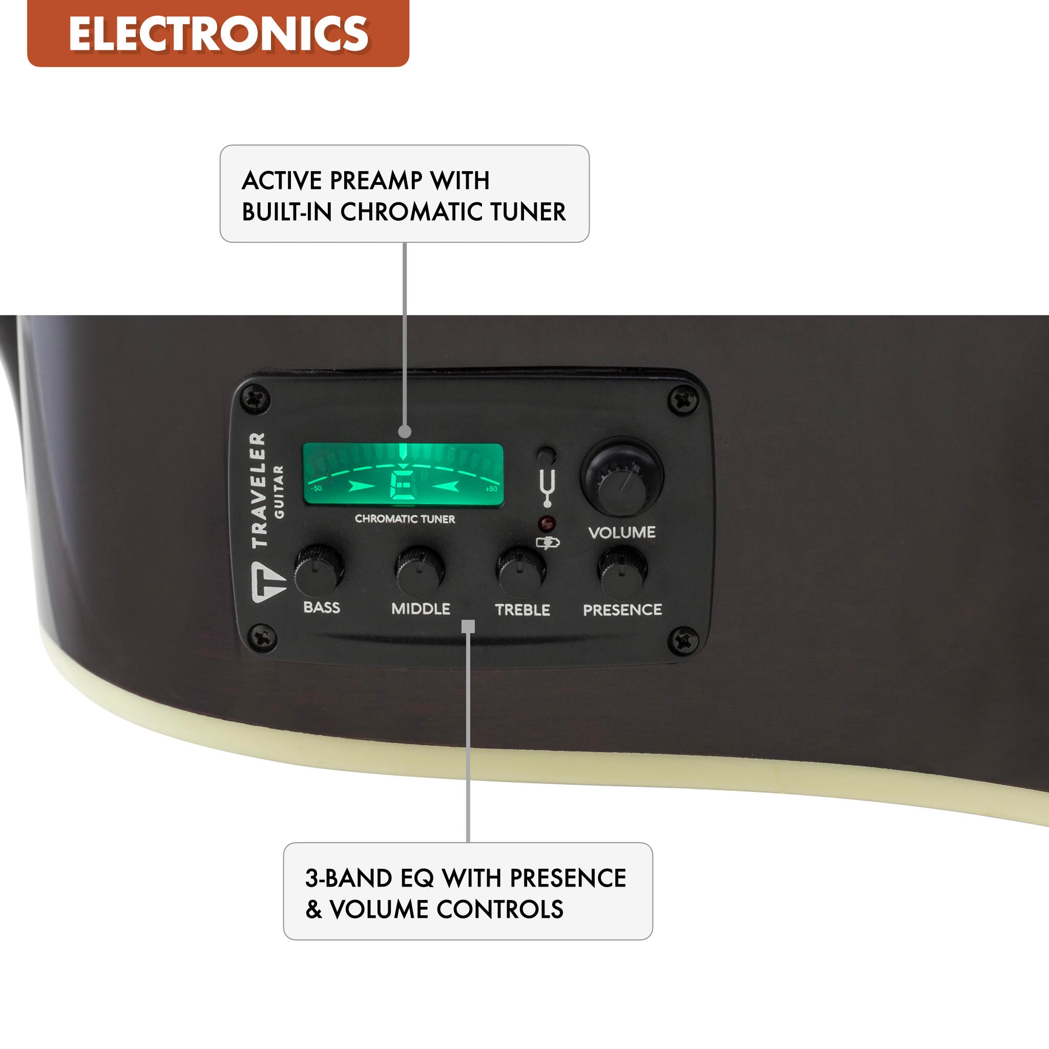 The Traveler Guitar® Redlands Dreadnought Acoustic guitar has built-in electronics with an active preamp which features a chromatic tuner, and 3-band EQ. Also features a standard 1/4" output.