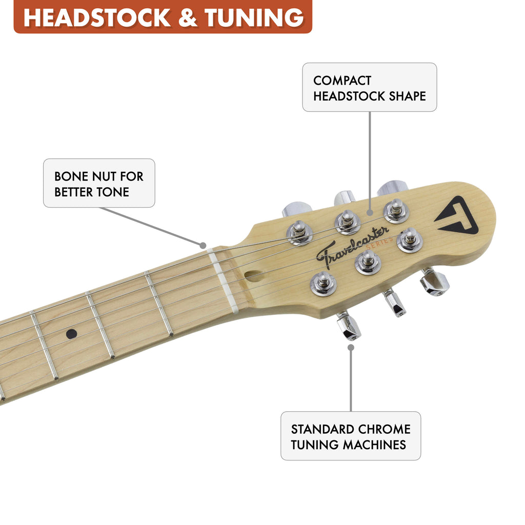 The Traveler Guitar Travelcaster Deluxe features traditional 3-a-side tuning on a compact headstock.