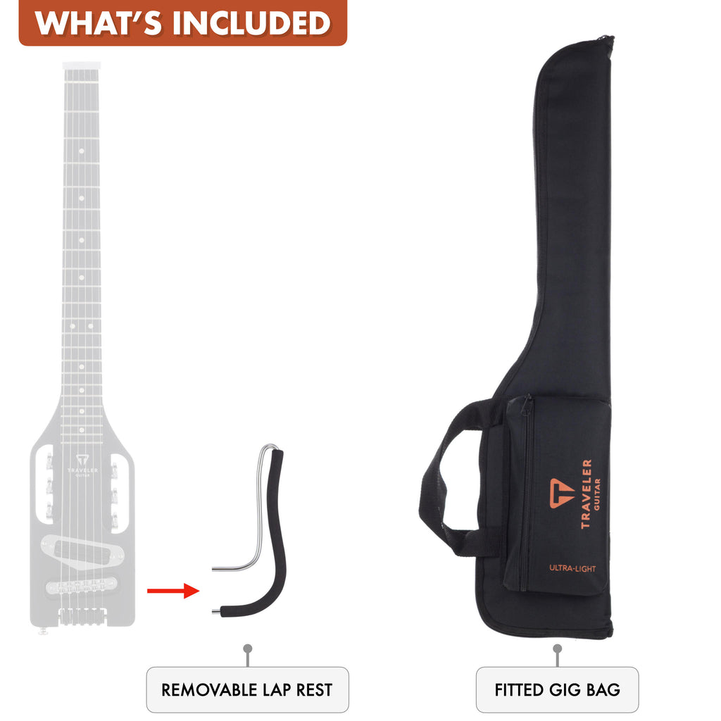 The Traveler Guitar® Ultra-Light Electric guitar includes a removable lap rest and a fitted gig bag.