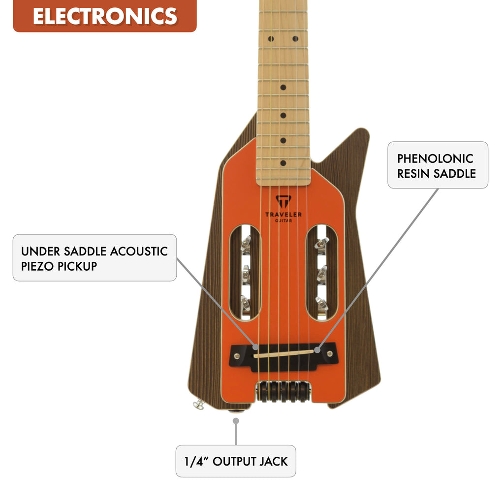 The Traveler Guitar® EDGE Acoustic Guitar has built-in electronics with a piezo bridge under the saddle and a standard 1/4" output.