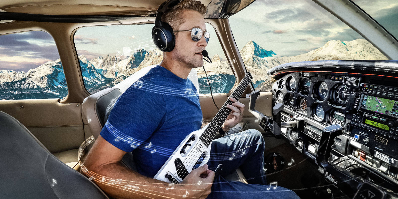 Flying Solo - Ultra-Light Electric guitar being played by pilot in a cockpit.