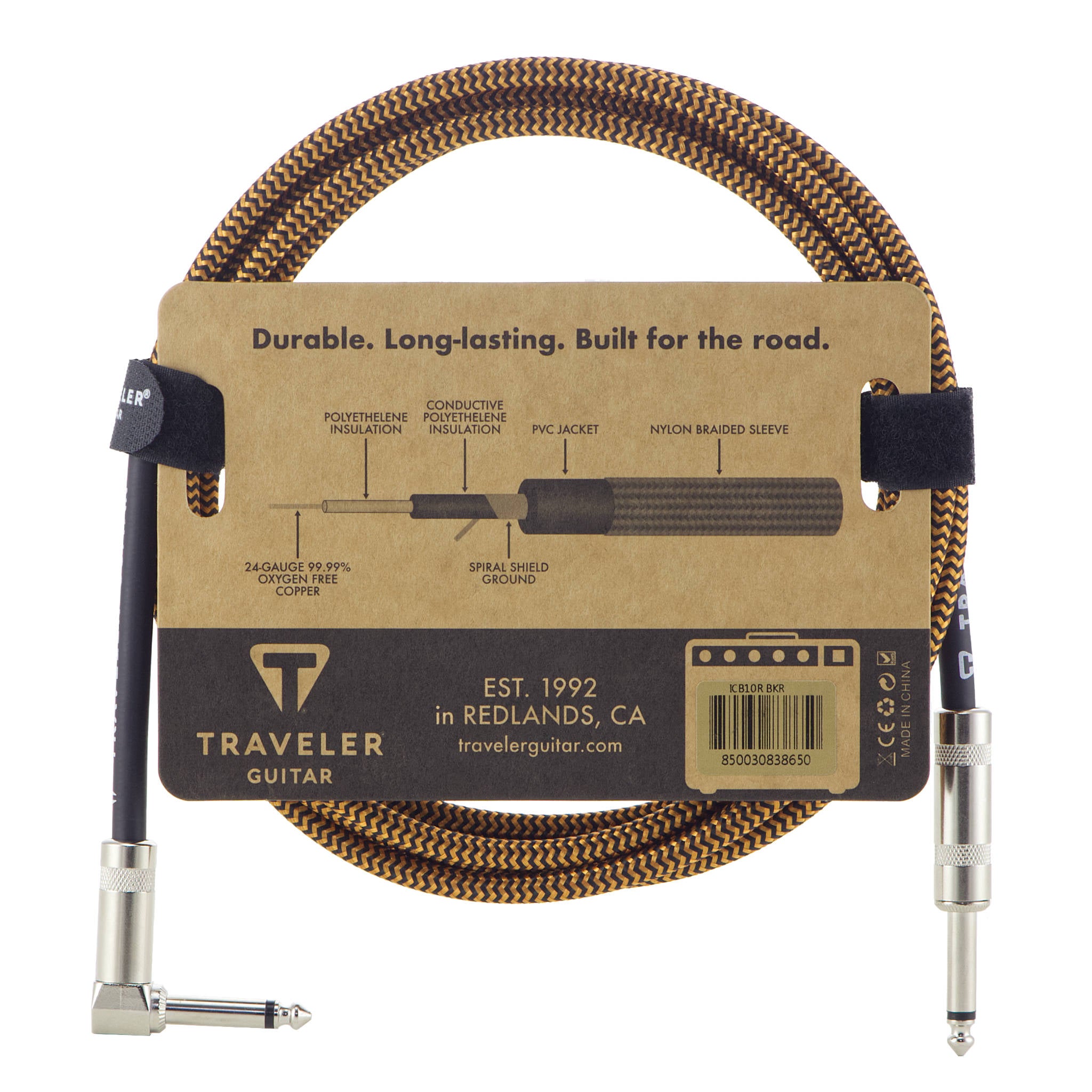 Traveler Guitar 10ft. Braided Instrument Cable-Black/Rust-Traveler Guitar®