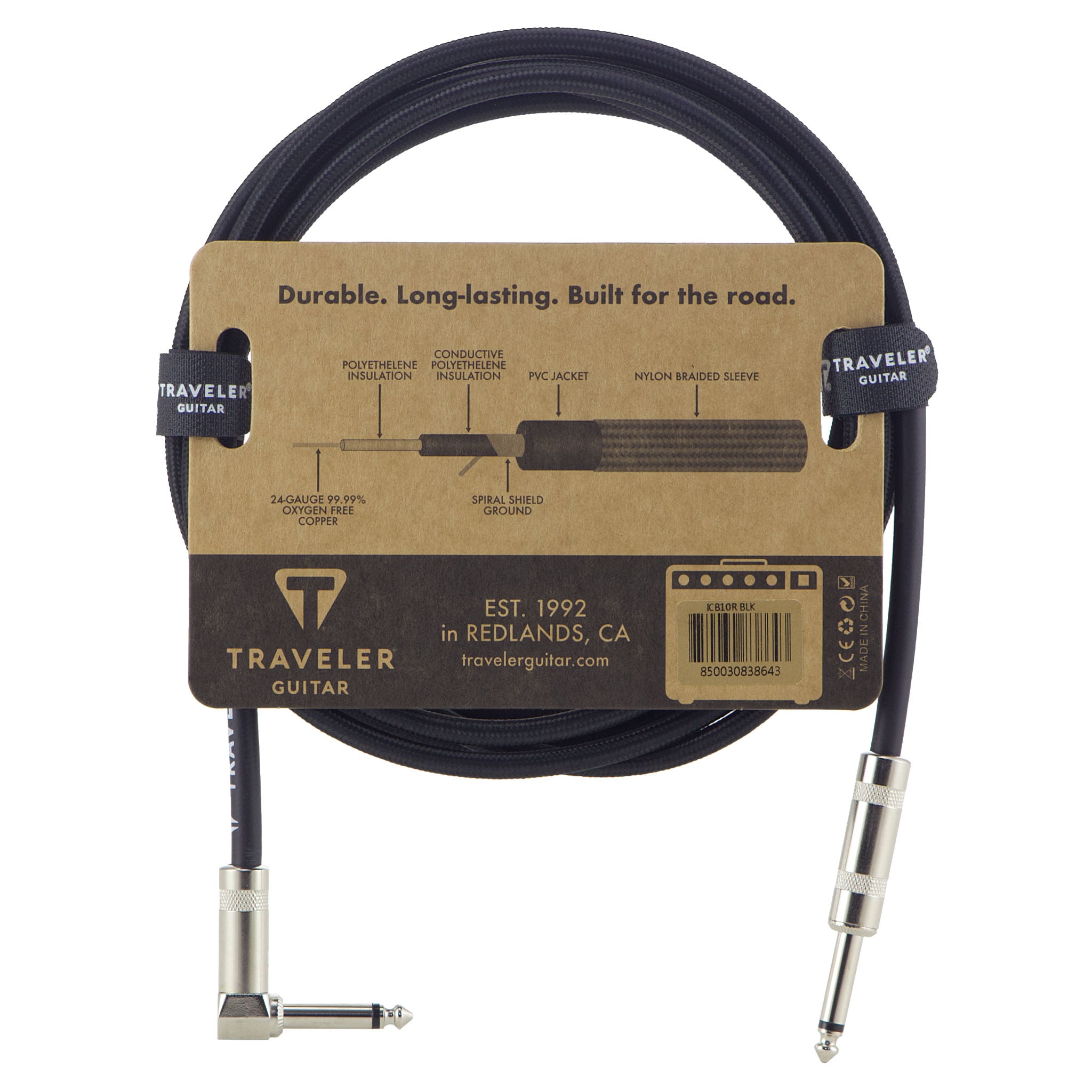 Traveler Guitar 10ft. Braided Instrument Cable-Black/Rust-Traveler Guitar®