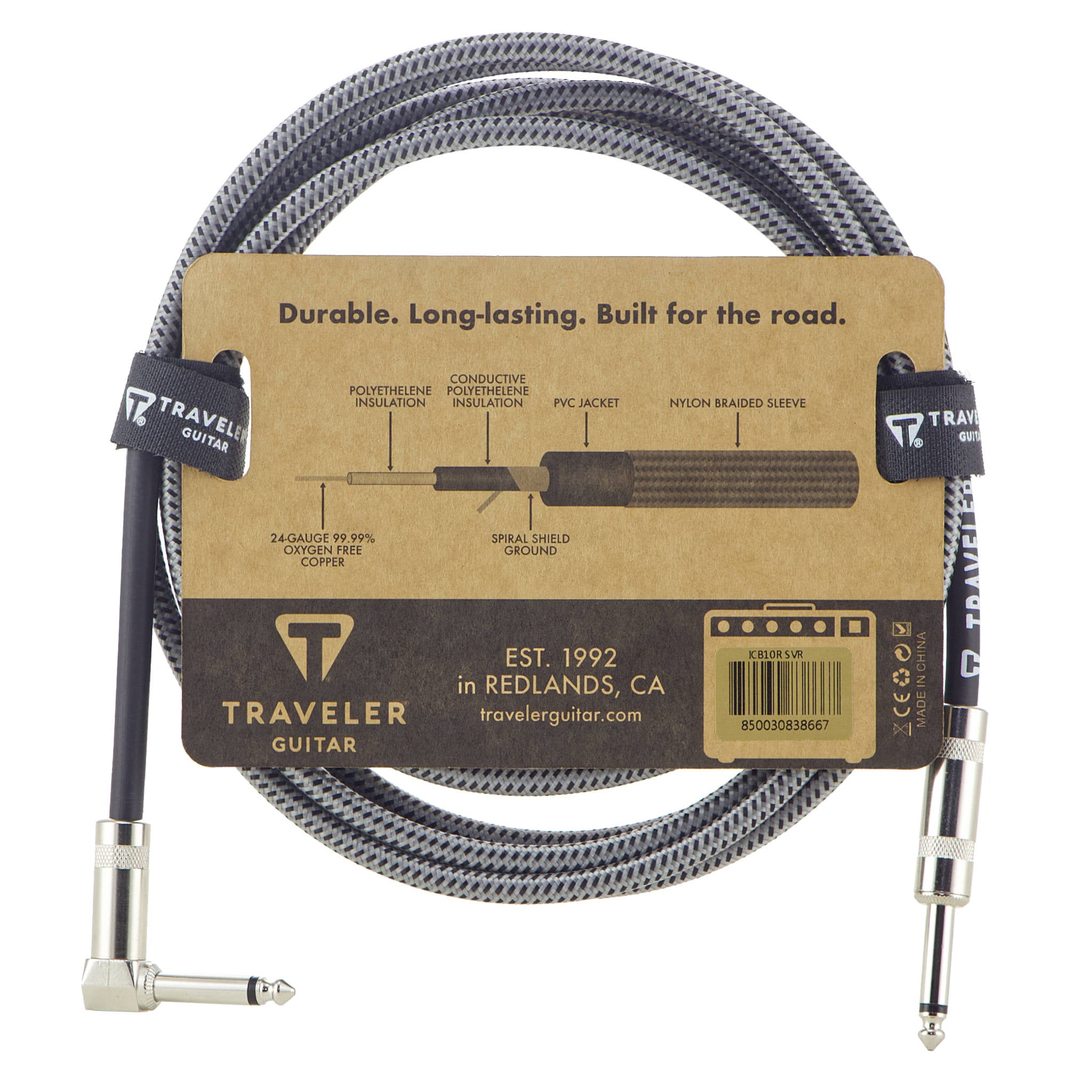 Traveler Guitar 10ft. Braided Instrument Cable-Black/Rust-Traveler Guitar®