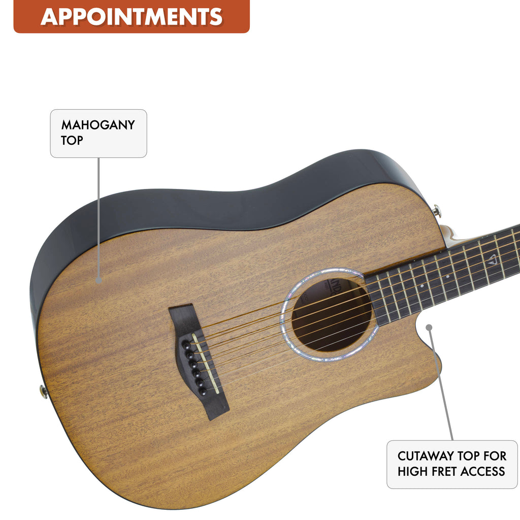 The Traveler Guitar® Redlands Mini Acoustic Guitar has a cutaway for high fret access.