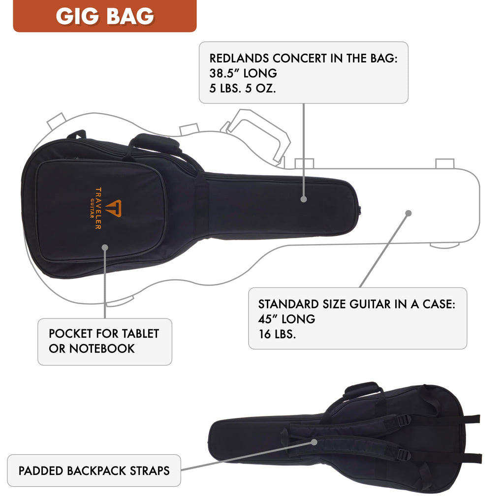 Traveler Guitar Redlands Mini Acoustic Guitar (Spruce) gig bag features